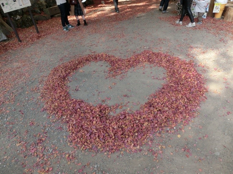 そば店の従業員がもみじの落ち葉で作成したハートマーク